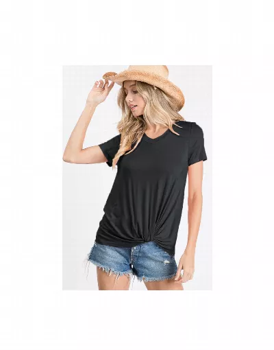 Short Sleeved V-Neck Knotted Top Black